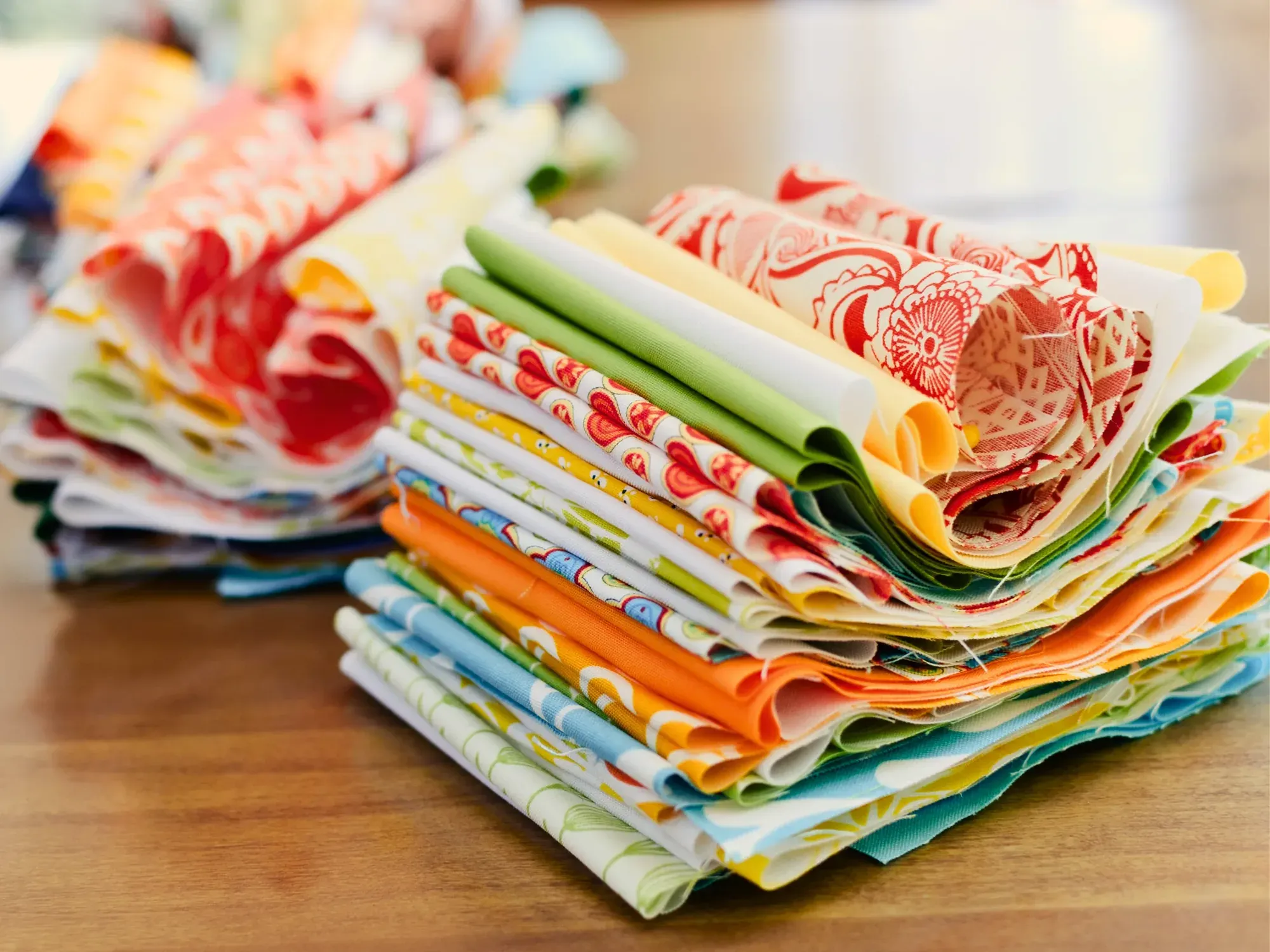 Two stacks of printed cotton fabric in red, orange, yellow, green and blue, on a wooden table.